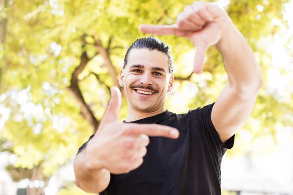 Young Cool Man Feeling Happy Friendly Positive Smiling Making Portrait — Stock Photo, Image