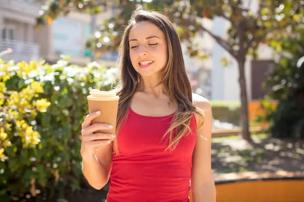 Pretty Woman Smiling Looking Happy Confident Expression Take Away Coffee — Stock Photo, Image