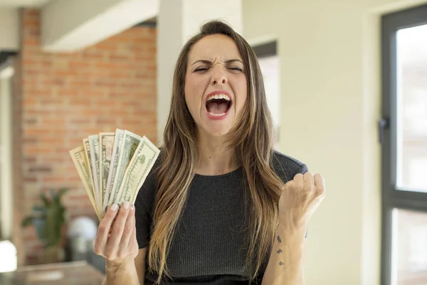 Pretty Woman Looking Angry Annoyed Frustrated Dollar Banknotes Concept — Foto Stock