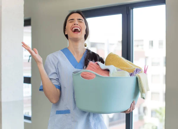Pretty Young Model Screaming Hands Air Housekeeper Laundry Concept — Stock Photo, Image