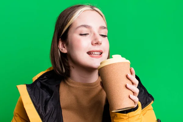 Young Pretty Woman Coat Take Away Coffee — Fotografia de Stock