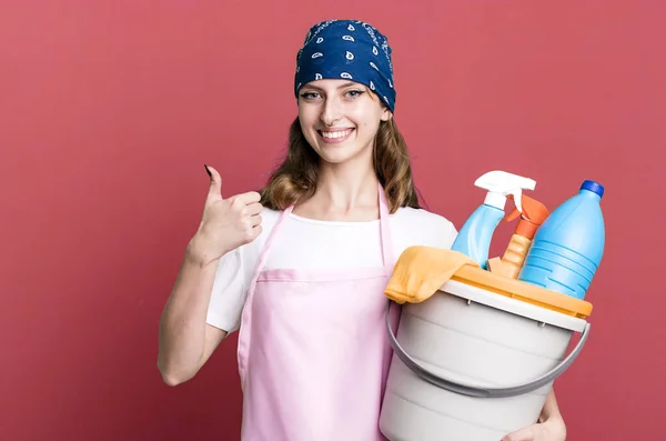 Caucasian Pretty Blonde Woman Housekeeper Clean Products Concept — Stock Photo, Image