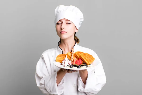 Caucasian Pretty Blonde Woman Chef Concept Waffles — Stock Fotó