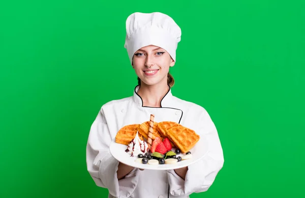 Caucasian Pretty Blonde Woman Chef Concept Waffles — Stock Fotó
