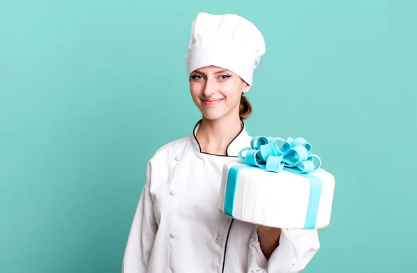 Caucasian Pretty Blonde Woman Chef Concept Cake — Stock Fotó