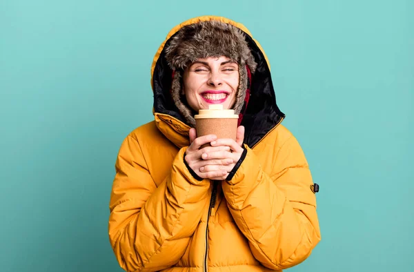 Young Adult Pretty Woman Wearing Anorak Winter Hat Holding Take —  Fotos de Stock