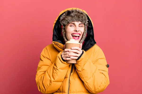 Young Adult Pretty Woman Wearing Anorak Winter Hat Holding Take —  Fotos de Stock