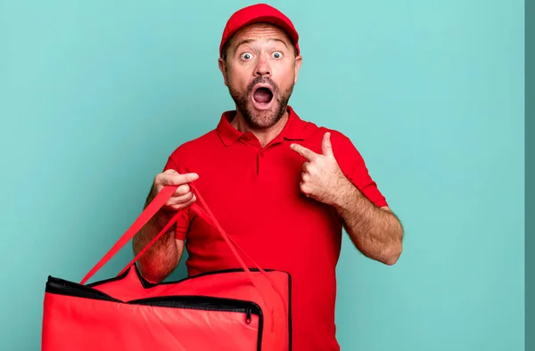 Middle Age Man Feeling Happy Pointing Self Excited Pizza Delivery — Stock Photo, Image