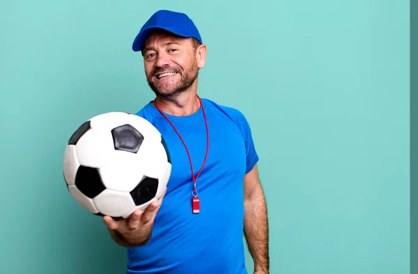Middle Age Man Sport Coach Concept Soccer Ball — Stock Photo, Image