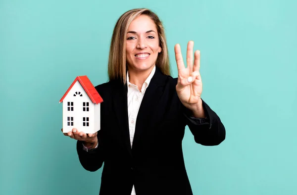 Pretty Blonde Woman Smiling Looking Friendly Showing Number Three Real — Stock Photo, Image