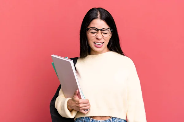 Hispanic Pretty Woman Shouting Aggressively Looking Very Angry University Student — 스톡 사진