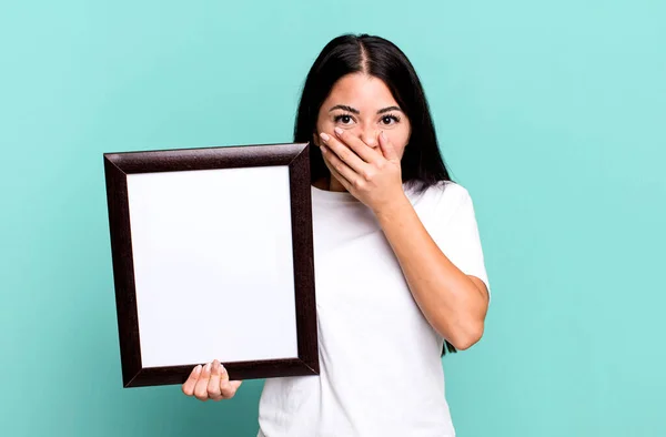 Hispanic Pretty Woman Covering Mouth Hands Shocked Empty Blank Frame — Stock Photo, Image