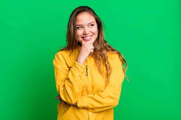 Hispanic Pretty Woman Smiling Happy Confident Expression Hand Chin Guilt — Stockfoto