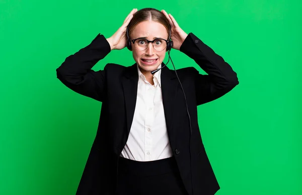 Caucasian Pretty Woman Feeling Stressed Anxious Scared Hands Head Telemarketing — Stock Photo, Image
