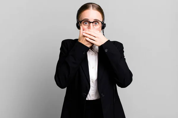Caucasian Pretty Woman Covering Mouth Hands Shocked Telemarketing Concept — Stock Photo, Image