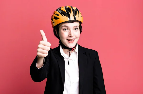 Young Pretty Woman Feeling Proud Smiling Positively Thumbs Bike Businesswoman — Stock Photo, Image