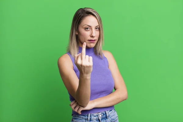 Blonde Adult Woman Feeling Angry Annoyed Rebellious Aggressive Flipping Middle — 스톡 사진