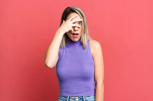 Blonde Adult Woman Looking Shocked Scared Terrified Covering Face Hand — Stock Photo, Image