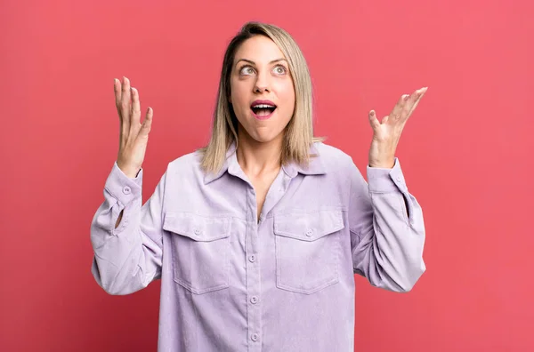 Blonde Adult Woman Feeling Happy Amazed Lucky Surprised Celebrating Victory — Stockfoto
