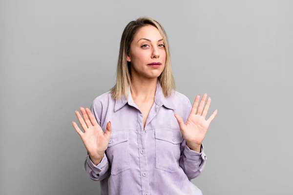 Blonde Adult Woman Looking Nervous Anxious Concerned Saying Fault Didnt — ストック写真
