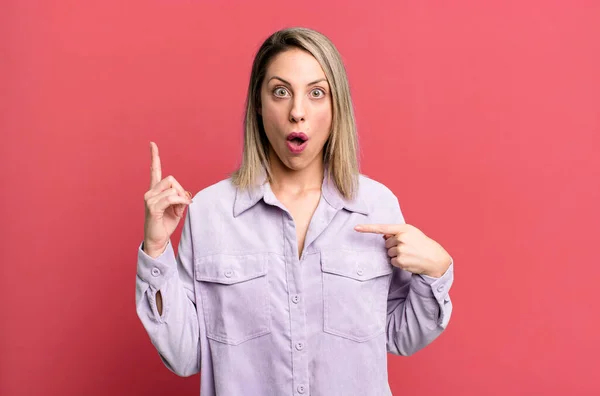 Blonde Adult Woman Feeling Proud Surprised Pointing Self Confidently Feeling — Stock Photo, Image