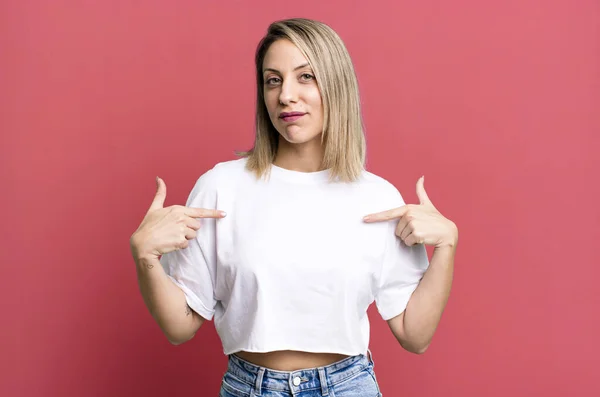 Blonde Adult Woman Looking Proud Positive Casual Pointing Chest Both — Stockfoto