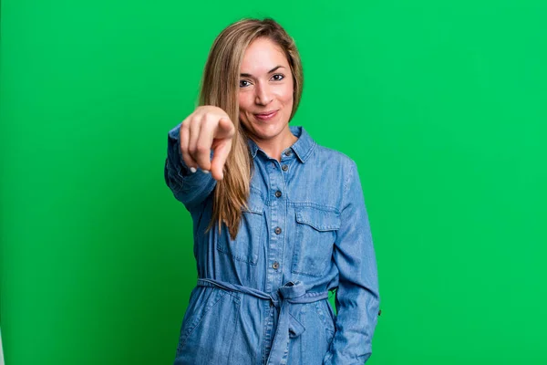 Blonde Adult Woman Pointing Camera Satisfied Confident Friendly Smile Choosing — Stock Photo, Image