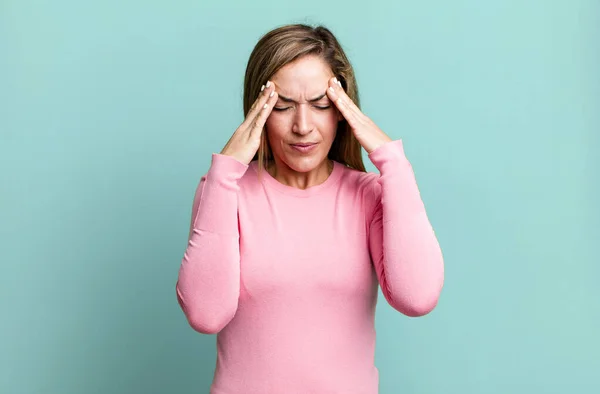 Blonde Adult Woman Looking Stressed Frustrated Working Pressure Headache Troubled — Stok fotoğraf