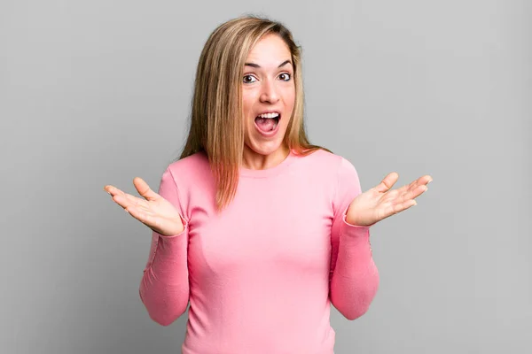 Blonde Adult Woman Looking Happy Excited Shocked Unexpected Surprise Both — Stockfoto