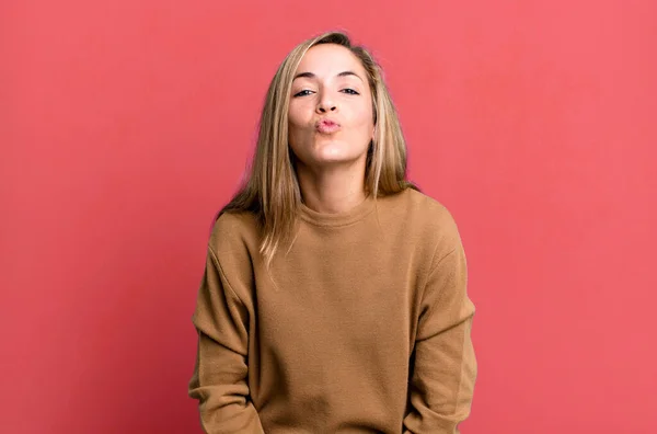 Blonde Adult Woman Pressing Lips Together Cute Fun Happy Lovely — Foto de Stock