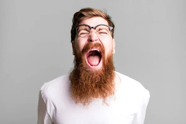 Long Beard Red Hair Cool Man Wearing Simple Shirt Copy — Stock Photo, Image