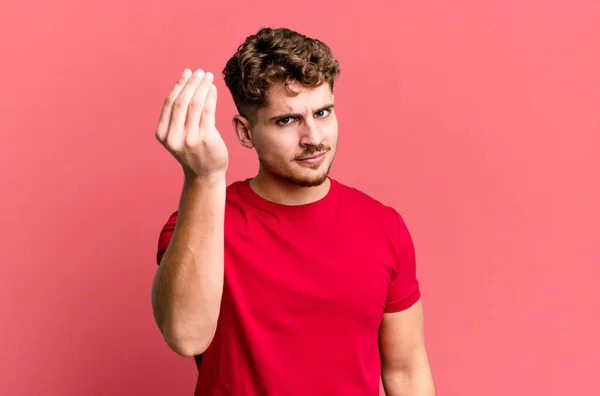 Young Adult Caucasian Man Making Capice Money Gesture Telling You — Stockfoto