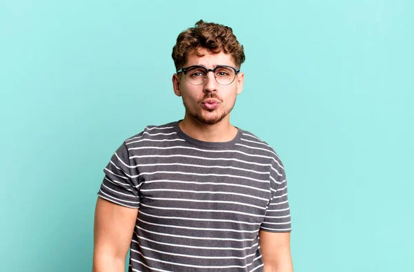 Young Adult Caucasian Man Pressing Lips Together Cute Fun Happy — Foto Stock