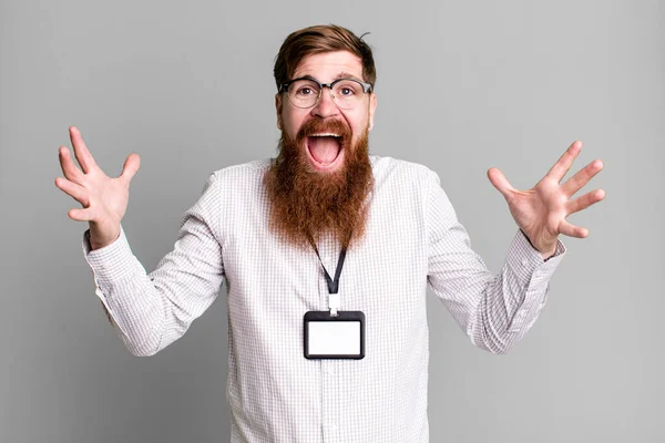 Long Beard Man Feeling Happy Astonished Something Unbelievable Vip Badge — Stock Photo, Image