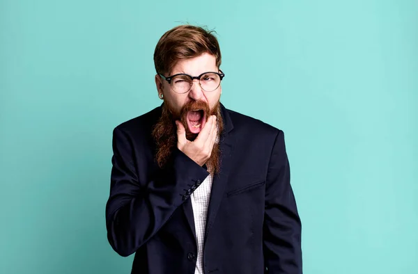Long Beard Man Mouth Eyes Wide Open Hand Chin Business — Stock Photo, Image