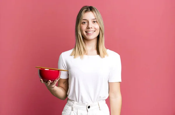 Young Pretty Woman Looking Happy Pleasantly Surprised Japanese Ramen Noodles — Stock Photo, Image