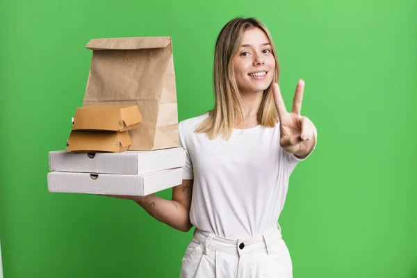 Young Pretty Woman Smiling Looking Happy Gesturing Victory Peace Delivery — Stock Photo, Image