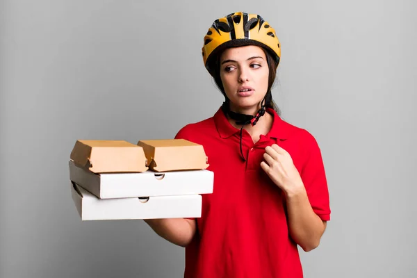 Young Pretty Woman Feeling Stressed Anxious Tired Frustrated Pizza Delivery — Stok fotoğraf