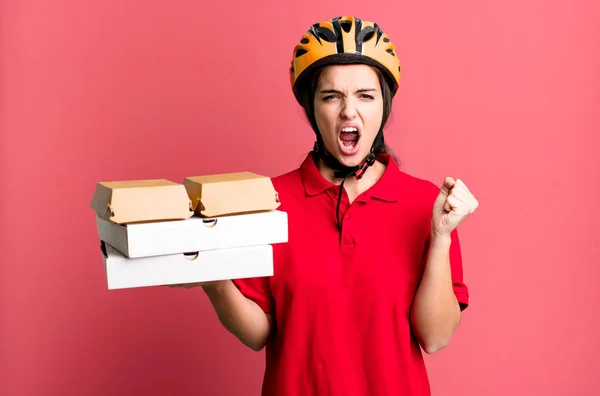 Young Pretty Woman Shouting Aggressively Angry Expression Pizza Delivery Concept —  Fotos de Stock