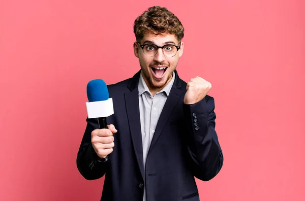 Young Adult Caucasian Man Feeling Shocked Laughing Celebrating Success Journalist — Stock Photo, Image