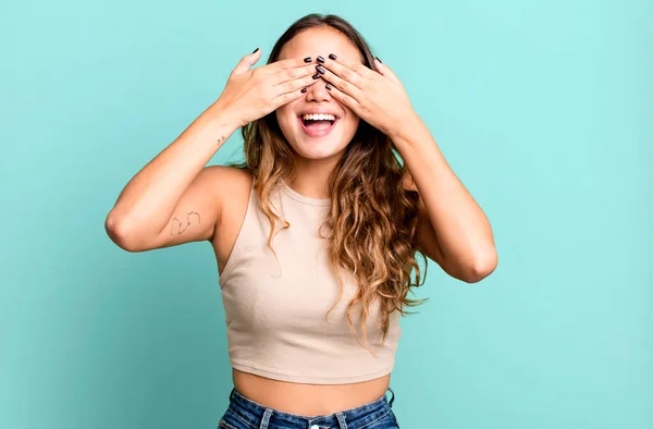 Young Pretty Woman Smiling Feeling Happy Covering Eyes Both Hands — Stock Photo, Image