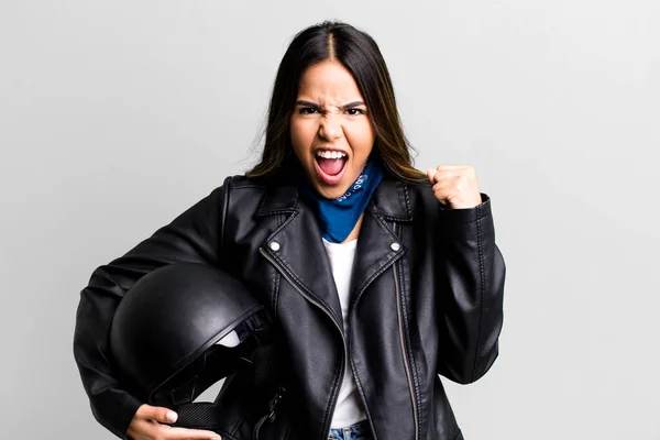 Hispanic Pretty Woman Shouting Aggressively Angry Expression Motorbike Rider Concept — Stock Photo, Image