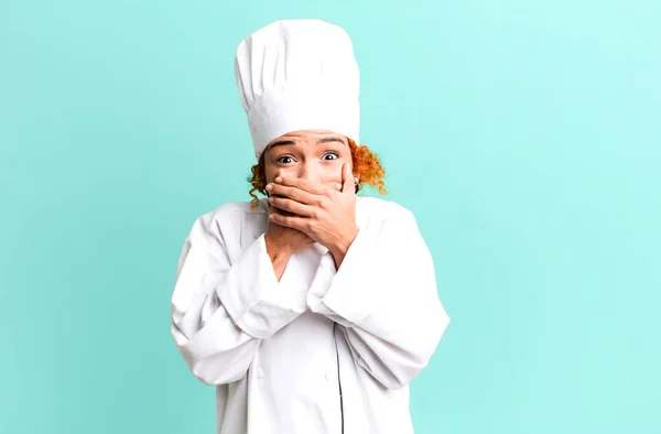 Red Hair Pretty Woman Covering Mouth Hands Shocked Chef Concept — Stock Photo, Image