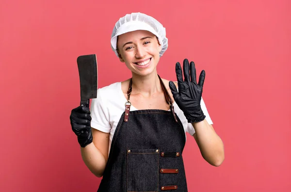 Smiling Happily Waving Hand Welcoming Greeting You Butcher Concept — Stock Photo, Image