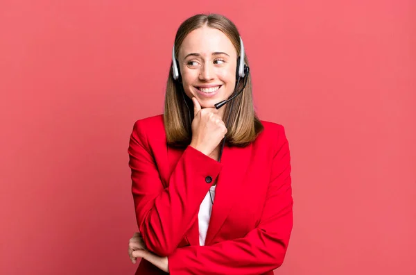 Smiling Happy Confident Expression Hand Chin Telemarketer Concept — Stok fotoğraf