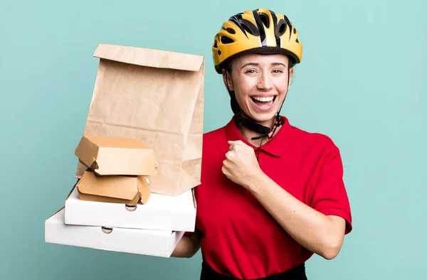 Feeling Happy Facing Challenge Celebrating Fast Food Delivery Take Away — Fotografia de Stock
