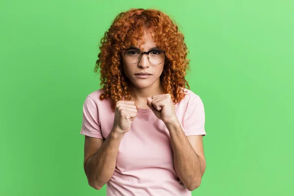 Redhair Pretty Woman Looking Confident Angry Strong Aggressive Fists Ready — Fotografia de Stock