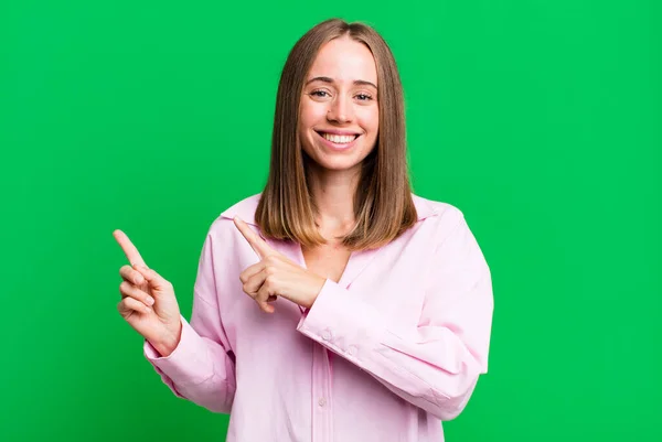 Smiling Happily Pointing Side Upwards Both Hands Showing Object Copy — Stock Photo, Image
