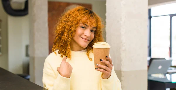 Young Red Hair Latin Pretty Woman Hot Coffee Home — Fotografia de Stock