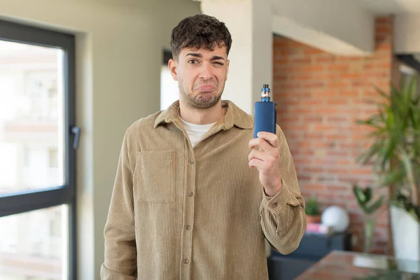 Young Handsome Man Feeling Sad Whiney Unhappy Look Crying Vaper — Stock Photo, Image
